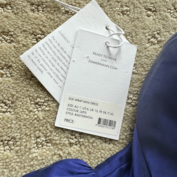NWOT Zimmermann Lapis Blue Silk Wrap Mini Dress, Size AU 1 (US 6) - Picture 9 of 10